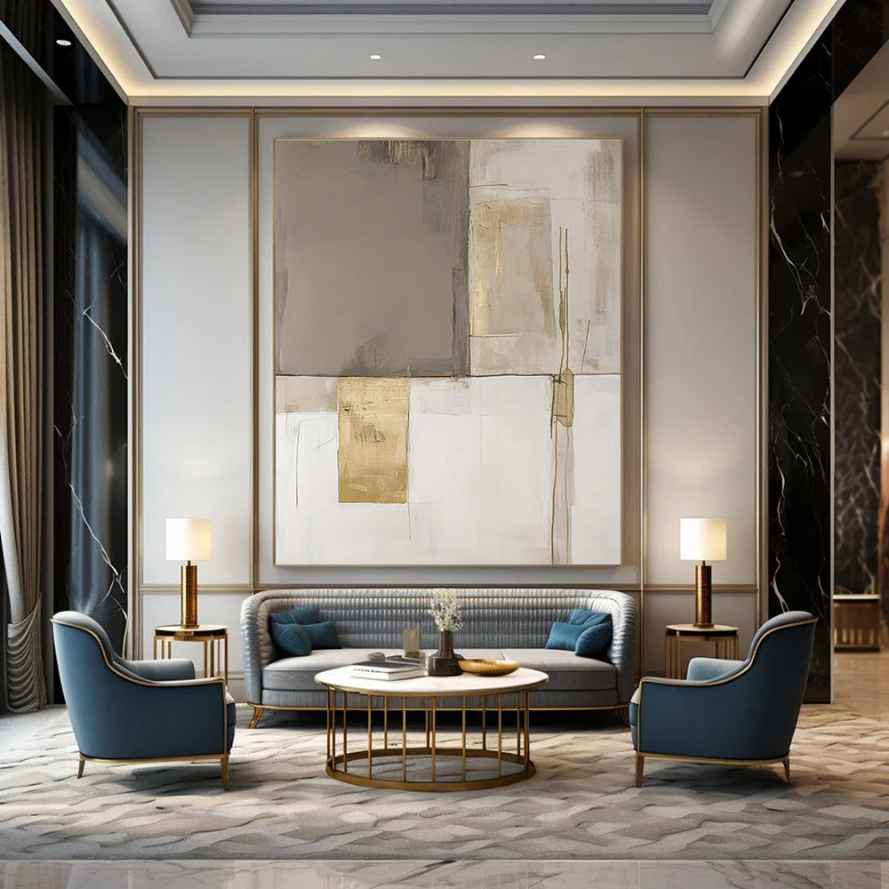 Large abstract painting in minimalist style featuring beige and white blocks with gold accents in soothing neutral tones.STSC245
