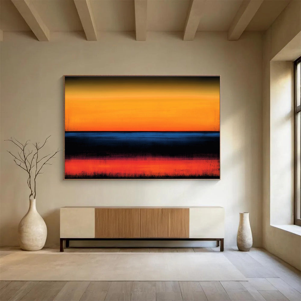 Large abstract painting featuring an orange and blue color scheme with blurred edges and a serene horizon over the ocean at sunset.SC053