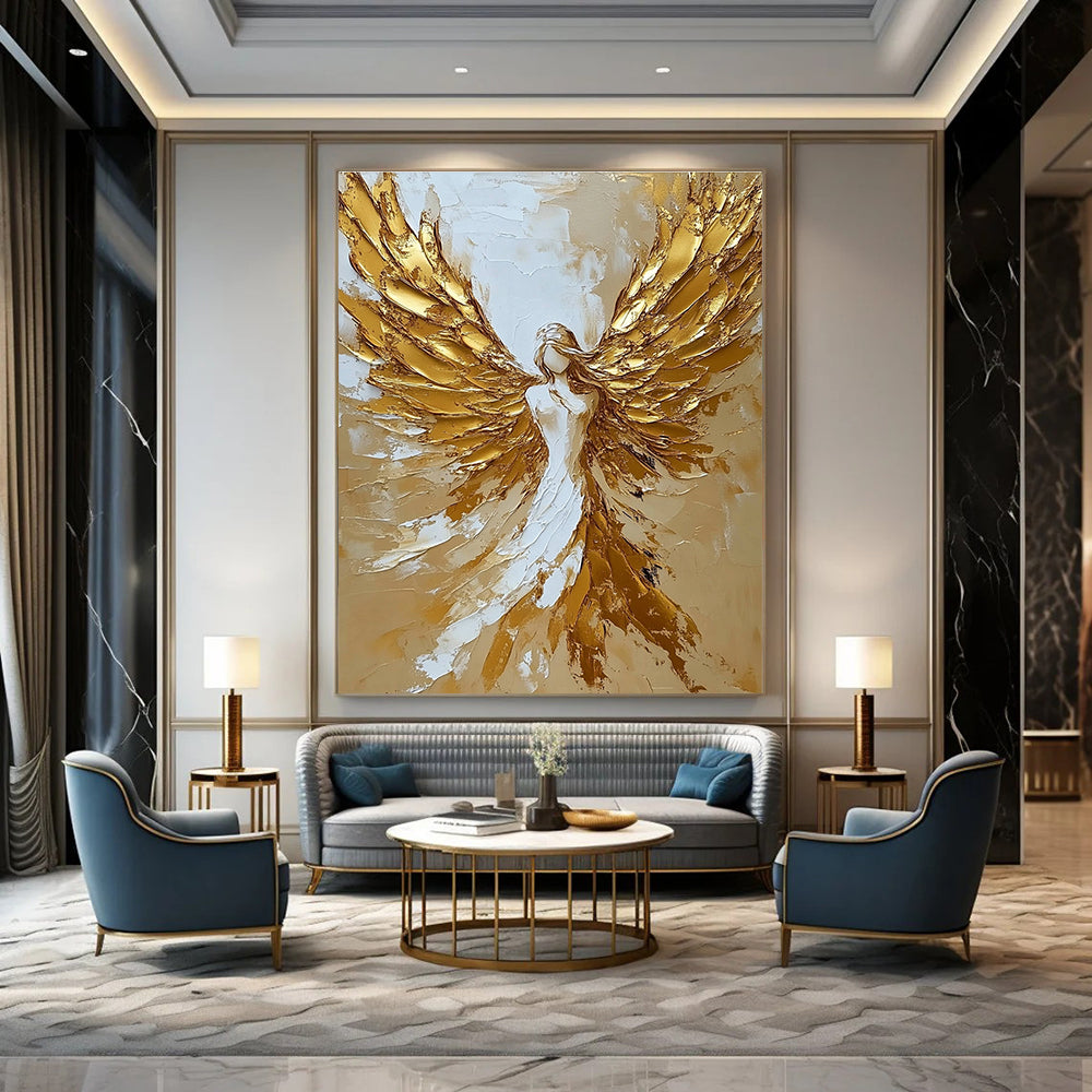 Abstract painting featuring a celestial angel with golden wings in a stunning gold and white palette knife technique.STSC008
