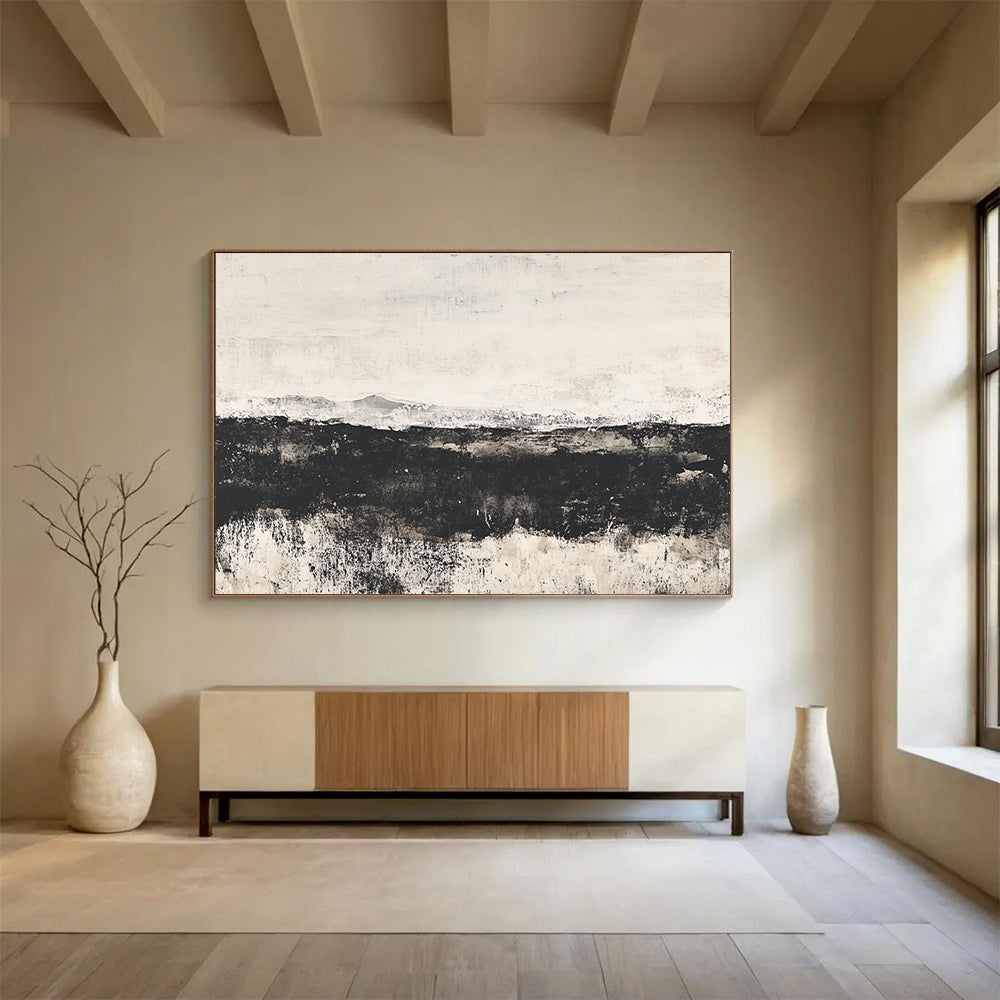 Large abstract painting of the English countryside featuring an open field and distant hills with a textured watercolor effect and calming gray gradient backdrop.SC014