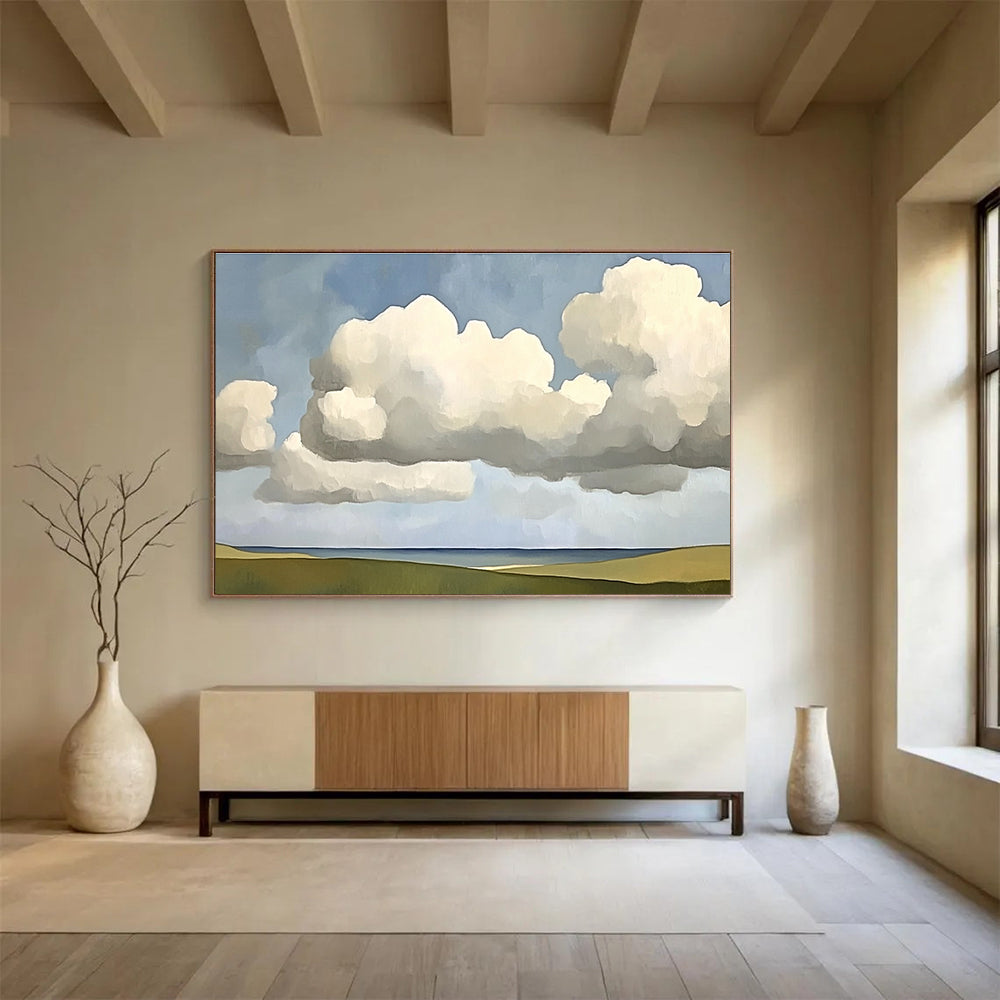 Large abstract painting of clouds in the sky inspired by Fairfield Porter featuring soft hues and fluid forms that evoke tranquility.SC601