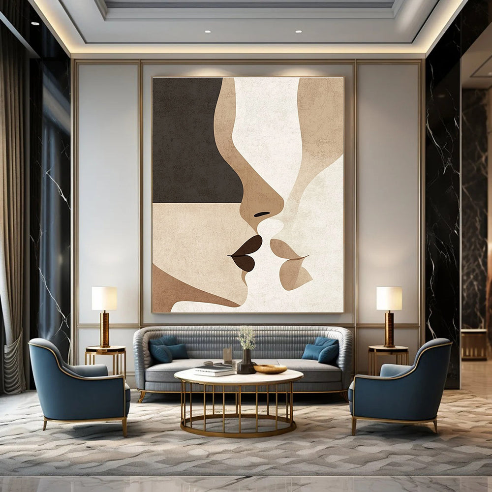 Abstract art in minimalist Japandi style featuring subtle nose and mouth shapes in neutral earthy tones of beige black white grey and brown.STSC1342