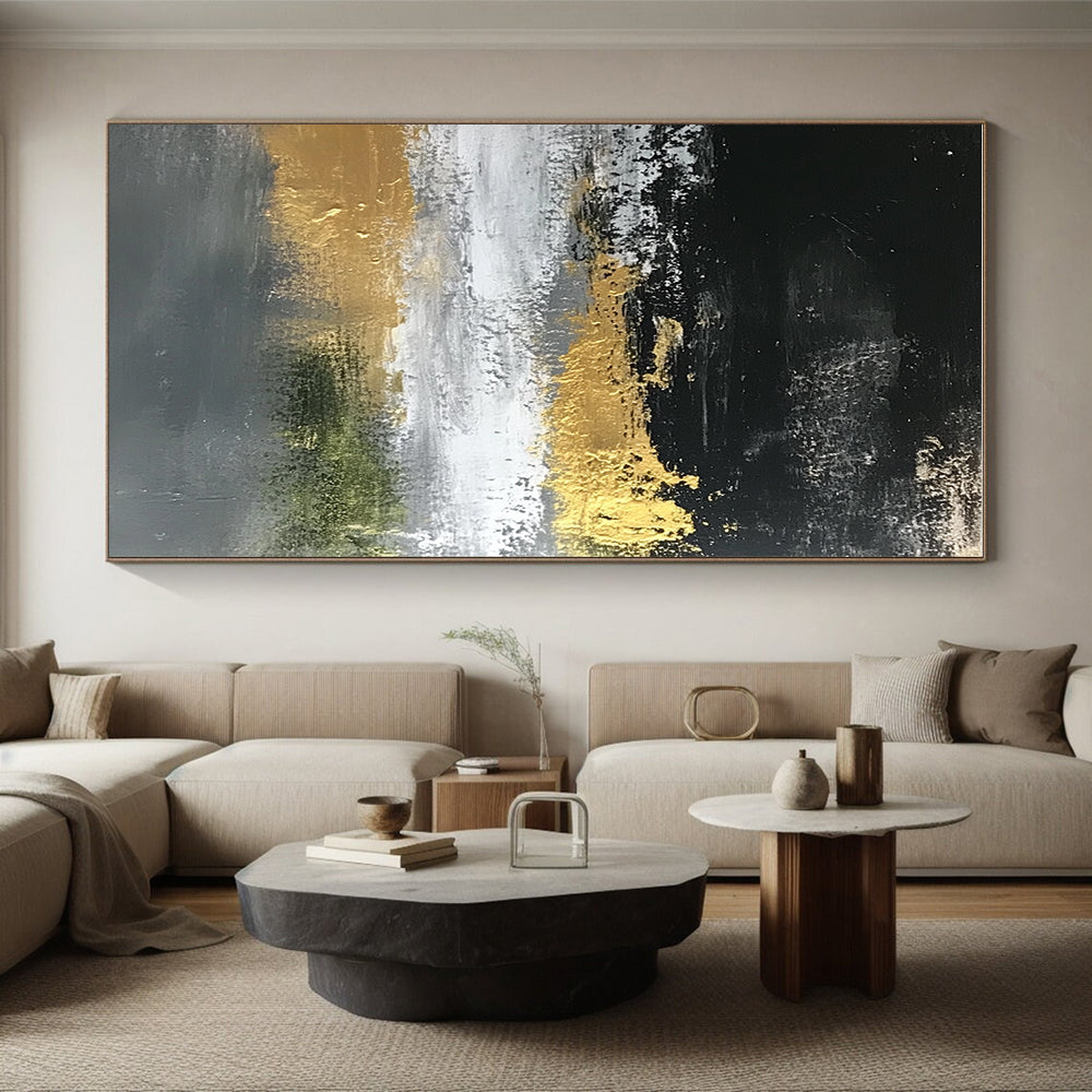 Gold Accented Abstract Painting on Black Gray and White GER248