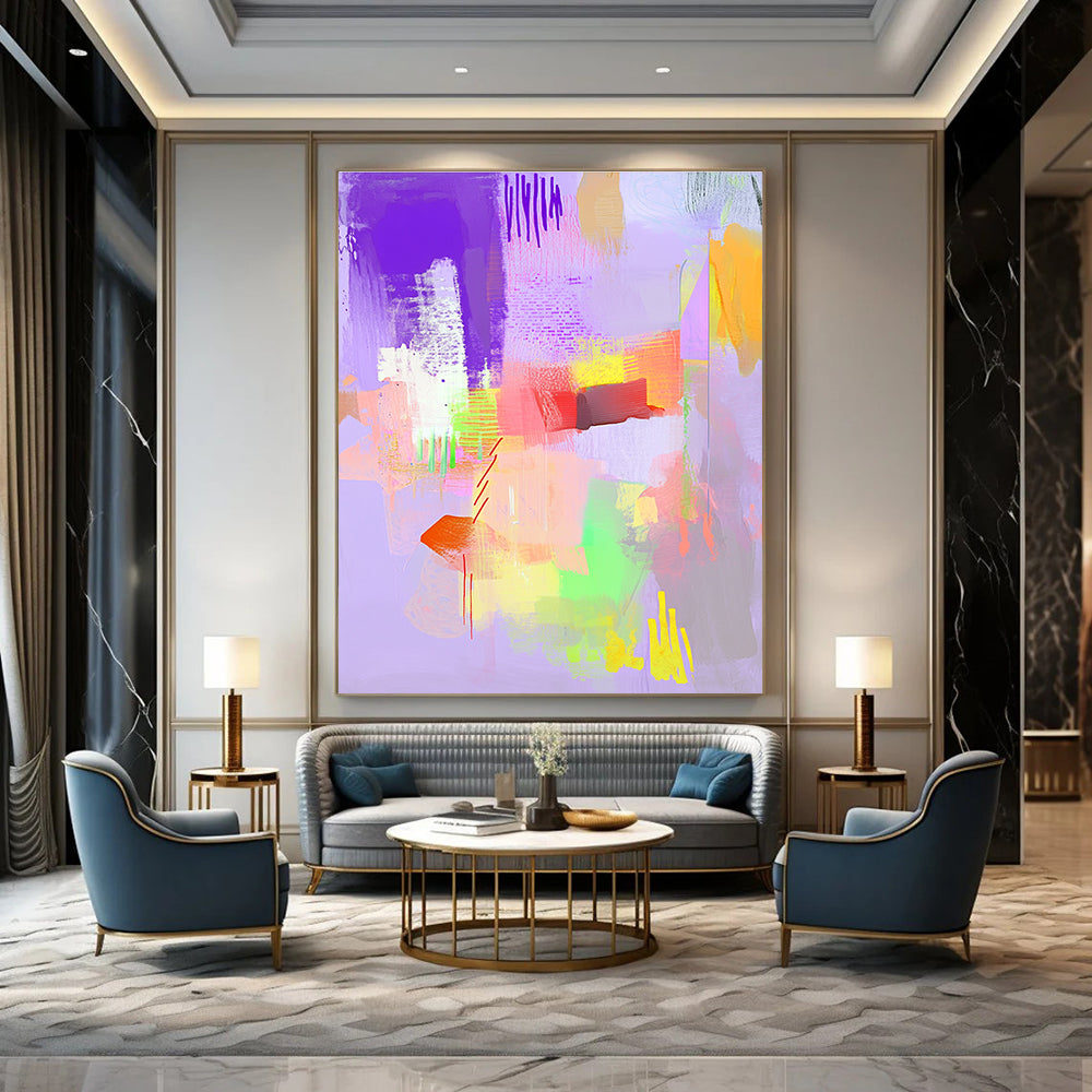 Large abstract painting features light pastel colors and joyful textures, creating an uplifting and aesthetically pleasing atmosphere.STSC545