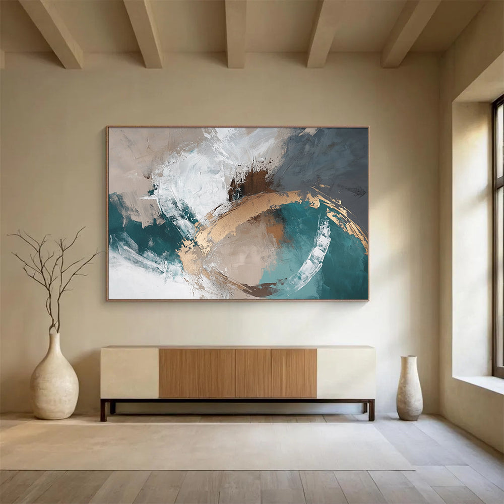 Teal and Gold Abstract Painting with Swirling Textures DYP402