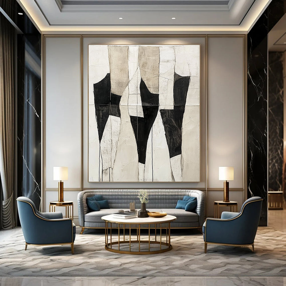 Large abstract painting featuring a light white and black color scheme with ivory cream background and textured body shapes in dark gray and white.STSC403