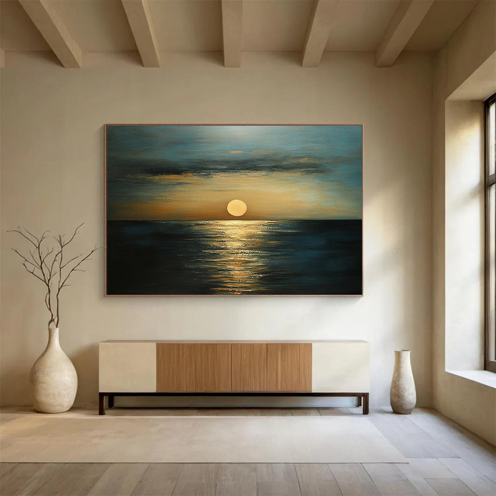 Golden Sunset Sea Abstract Painting with Orange and Blue Tones DYP571