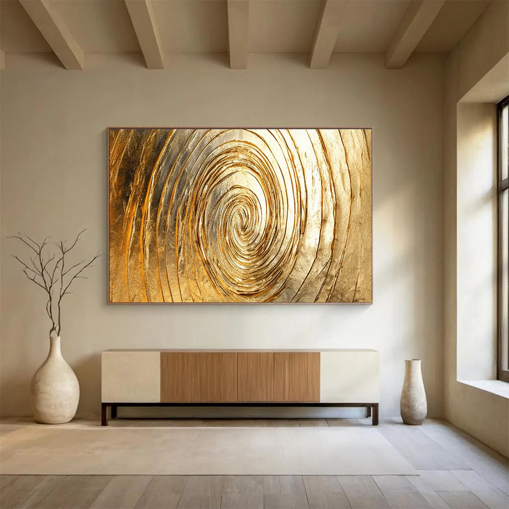 Golden Spiral Abstract Painting with Metallic Gold Tones THY167