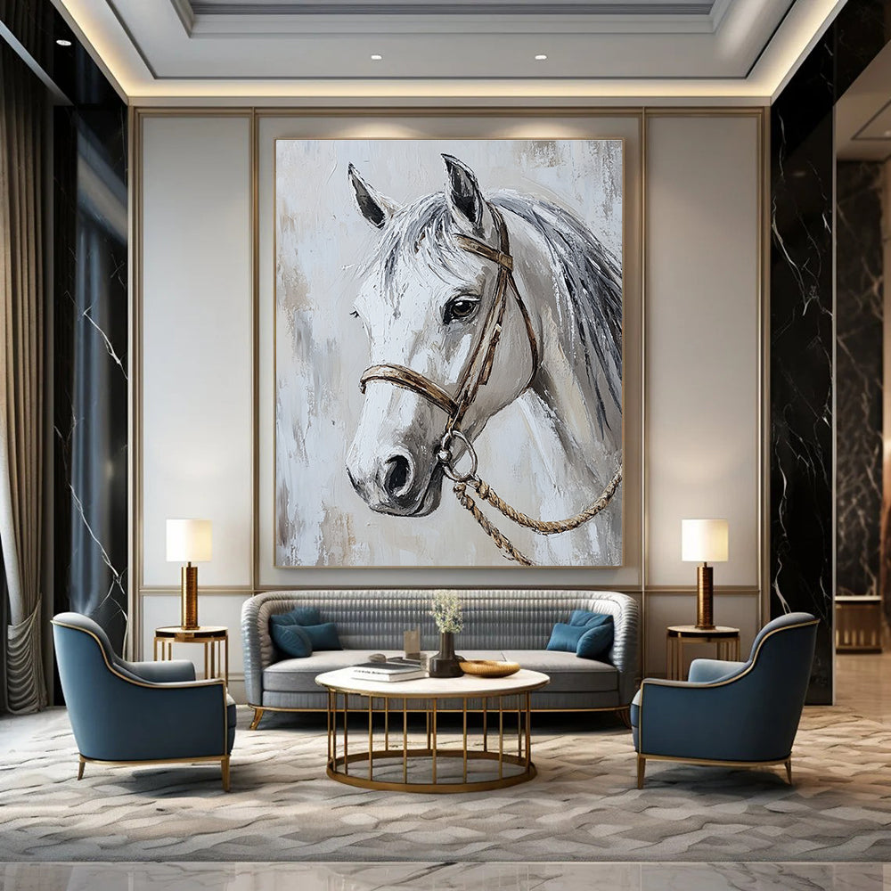 Abstract painting of a white horse's head capturing elegance with flowing grey mane and detailed halter in a luxurious light and shadow composition.STSC959