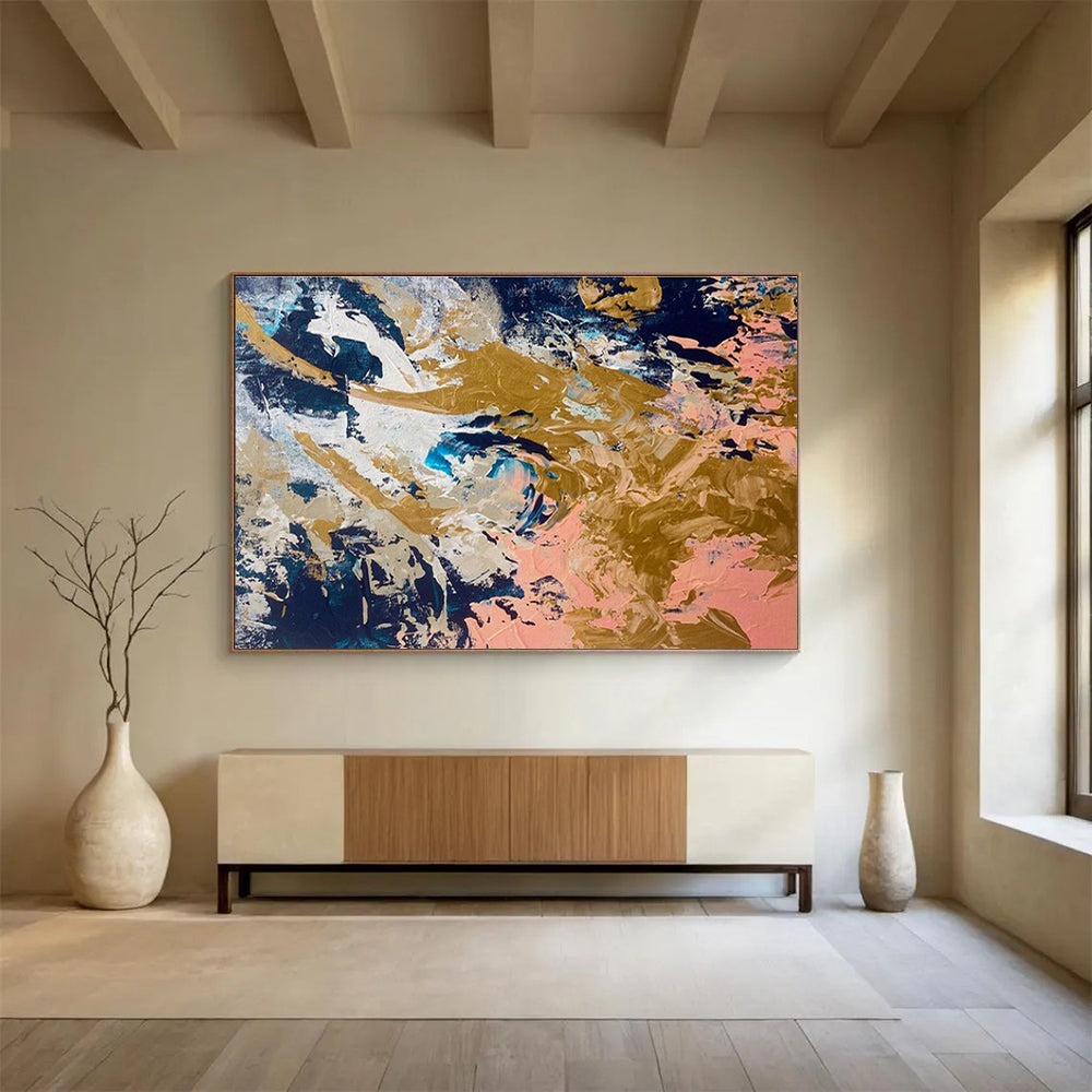 Navy Gold Pink Abstract Painting with Opulent, Contrasting Hues THY381