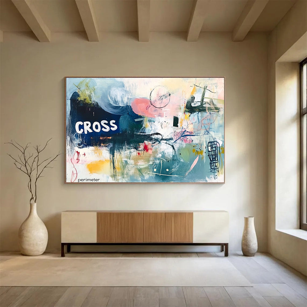 A large abstract painting featuring chaotic harmony in soft pinks blues and greens with textured layers and the text CROSS perimeter.SC307