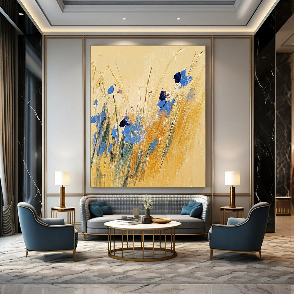 Large abstract painting of tall grass and blue wildflowers on a light yellow background inspired by Joseph Mallord William Turner.STSC336