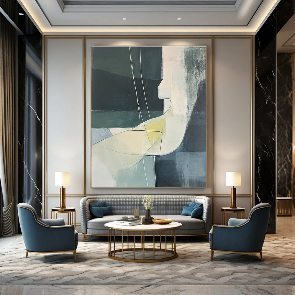 Large abstract painting featuring a woman's body in soft green and grey tones with white lines and yellow details on a black background.STSC672