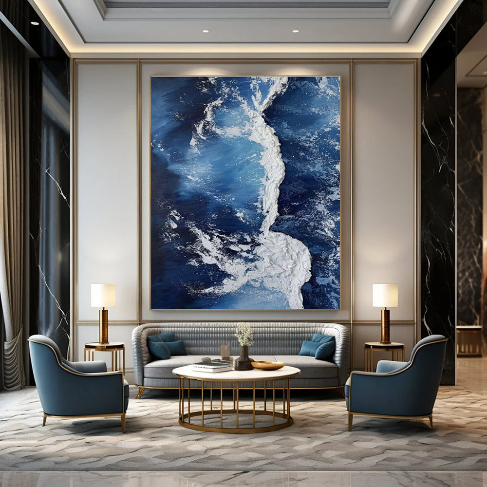 Blue and White Wave Abstract Painting with Thick Textures ADGE335