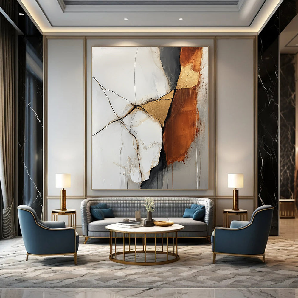 Large abstract painting featuring an off white and rust colored rock with gold veins in a minimalistic style and soft delicate strokes.STSC655