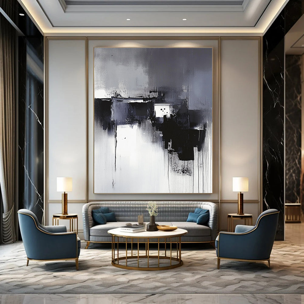 Large abstract painting in black and white with a neutral background inspired by Wu Guanzhong's artistic style.STSC617