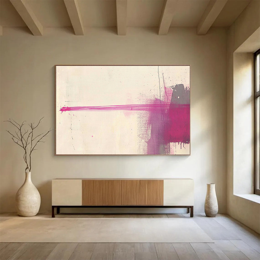 A large abstract painting featuring an elongated red line against a light beige background, creating elegance through simplicity and depth in minimalistic design.SC550