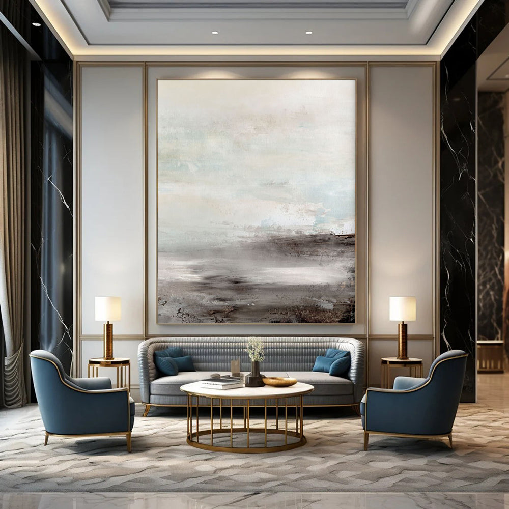 Serene Misty Coastal Abstract in Gray and Blue Painting ADGE154