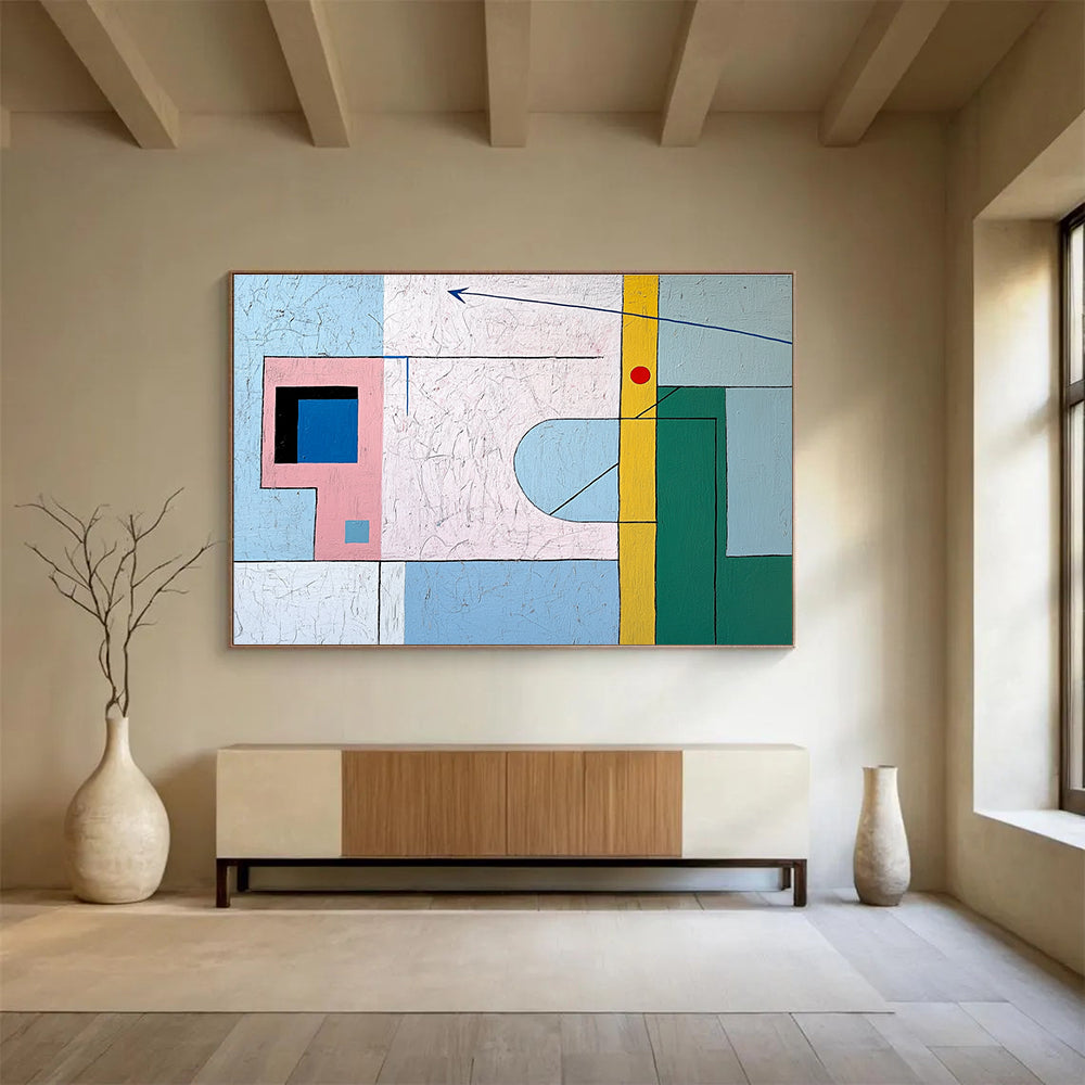 A large abstract painting featuring geometric pastel shapes, a small window, a door, and a downward arrow, evoking tranquility and creativity.SC491