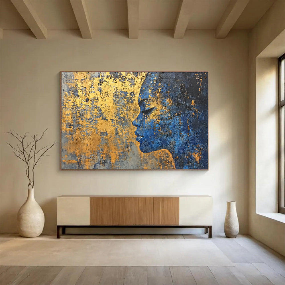 Large abstract painting of a golden city on textured canvas with a blue and gold palette featuring highlights of gold foil paint.SC171