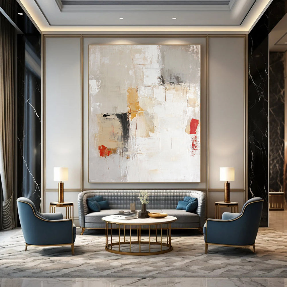 Large abstract painting in soft neutral tones of beige and white with expressive brushstrokes and hints of red and yellow.STSC801