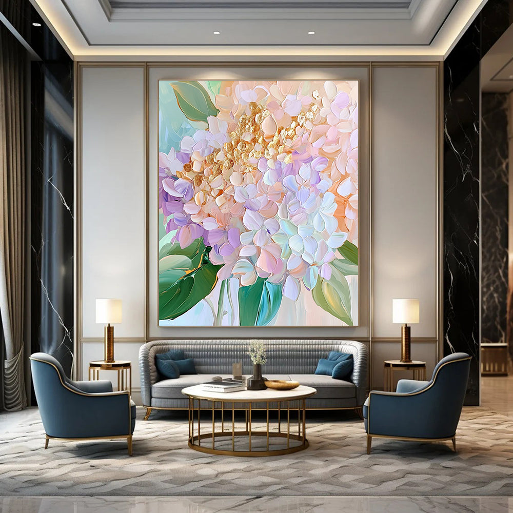 Large abstract painting of pastel hydrangeas featuring golden petals and delicate textures in soft pinks greens and blues.STSC1153