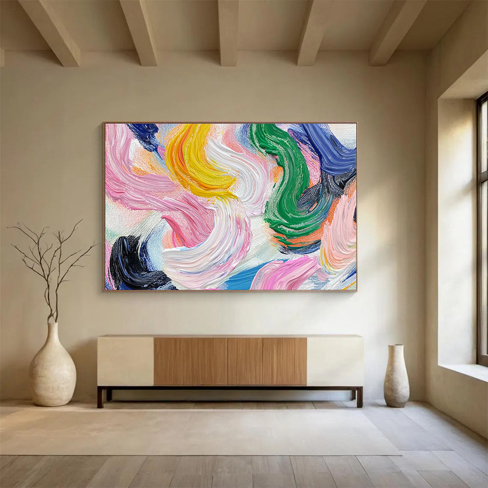 Pink Yellow Green - Wavy Line Abstract Painting DYP028