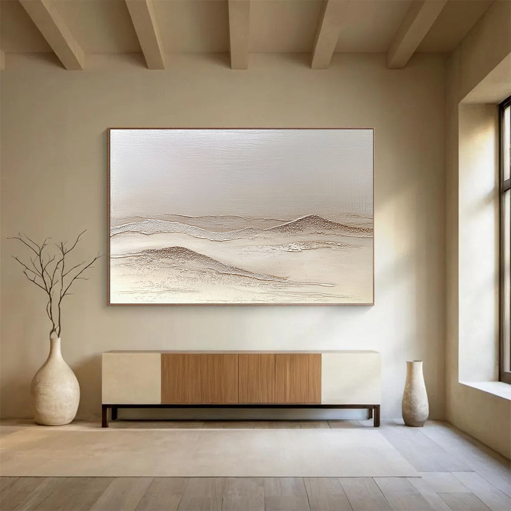 Large abstract painting depicting textured sand dunes in neutral tones with artistic desert hills creating depth and a calming atmosphere.SC622