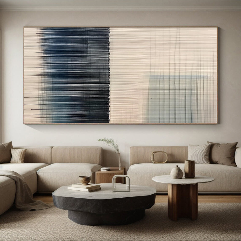 White and Blue Line Abstract Painting with Vertical Strokes GER073