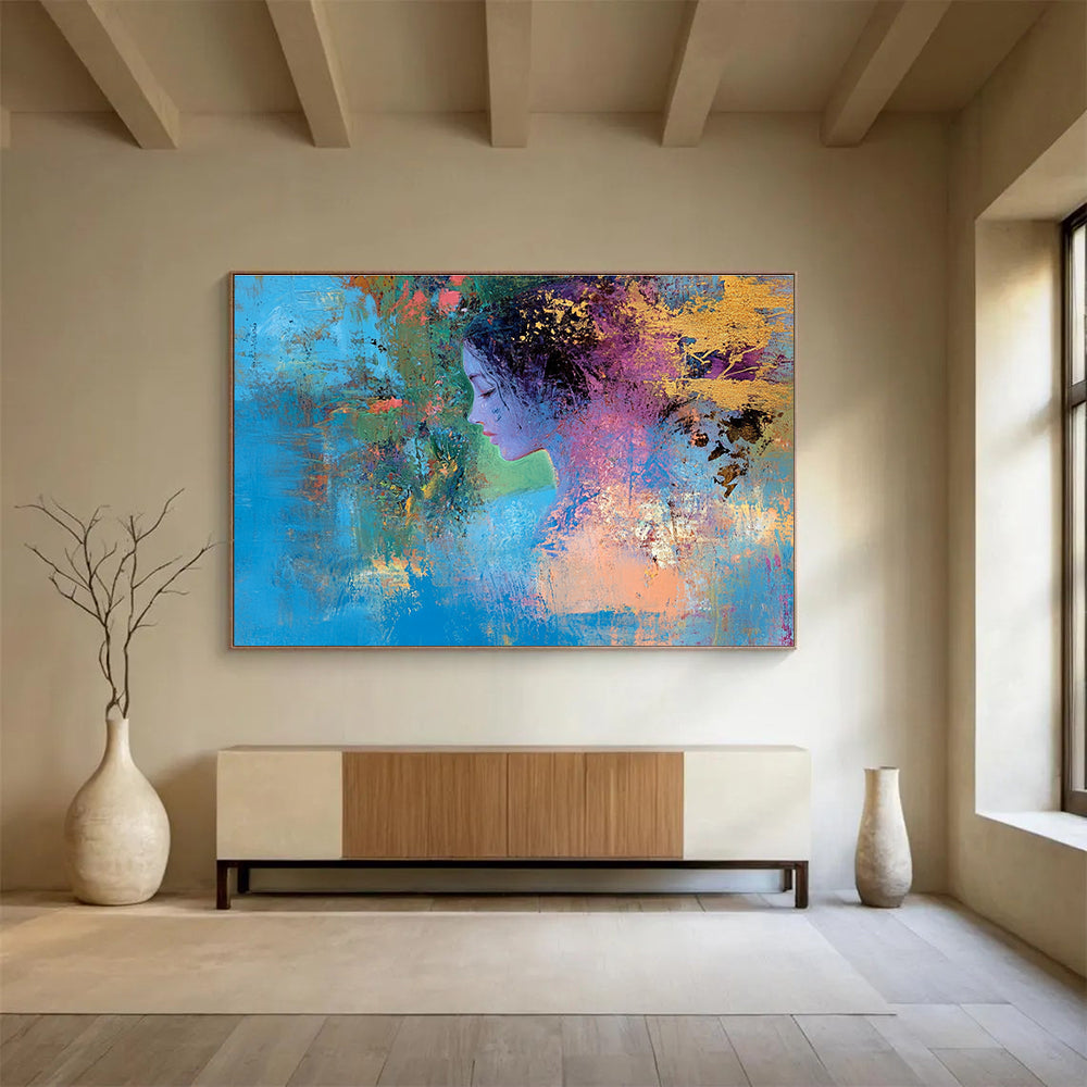 Large abstract painting depicting a female figure intertwining with nature's vibrant colors symbolizing growth through self-improvementSC429