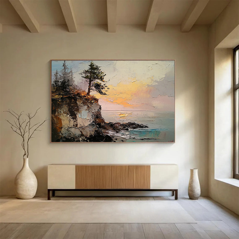 Cliffside Tree at Sunset Impasto Abstract Painting with Vivid Oranges DYP593