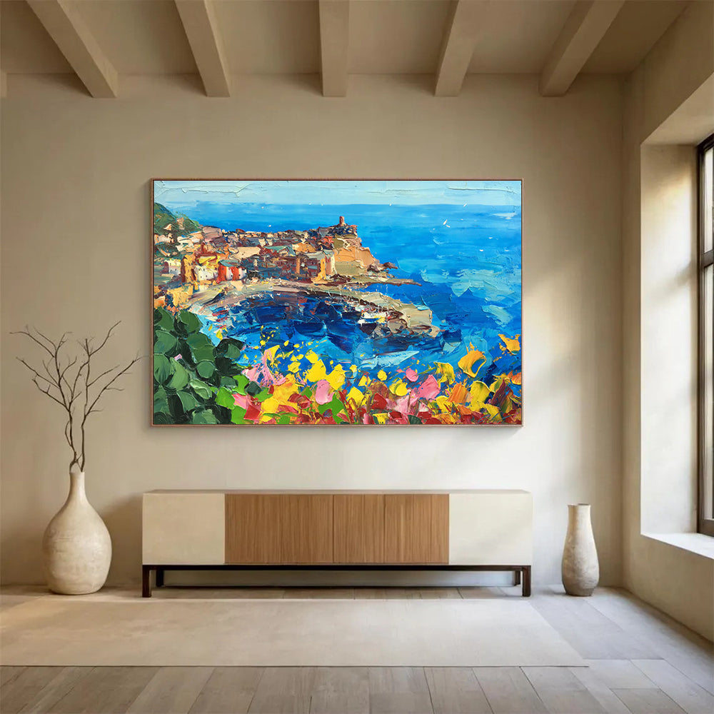 Blue Yellow Coastal Cliff Town Abstract Painting THY477
