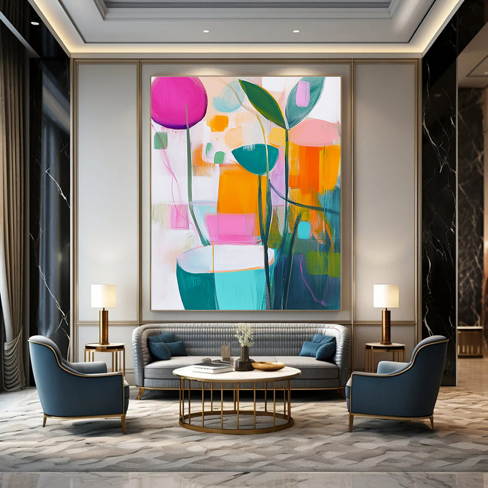 A large abstract painting featuring vibrant pastels of pink green yellow and orange on a white background that captures the essence of springtime.STSC1180