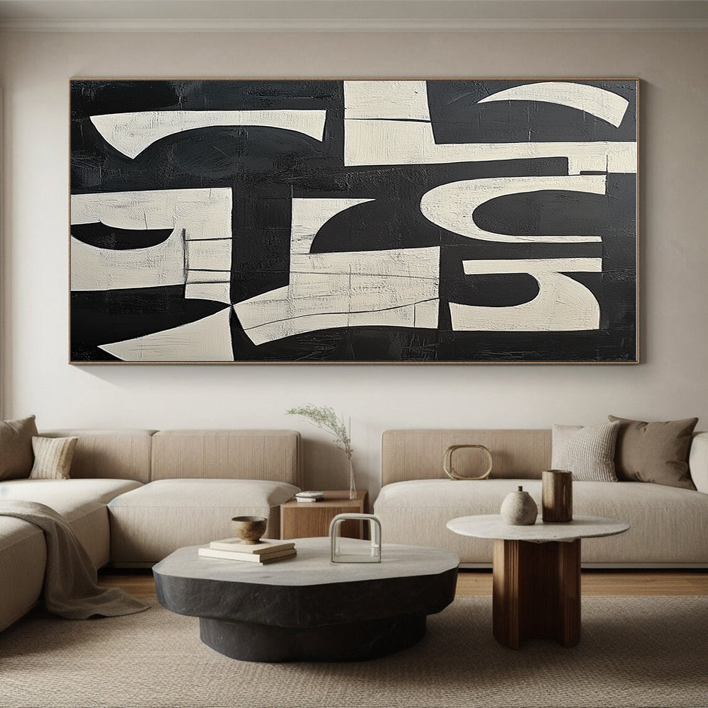 Textured Black and White Block Abstract with Layered Shapes GER239