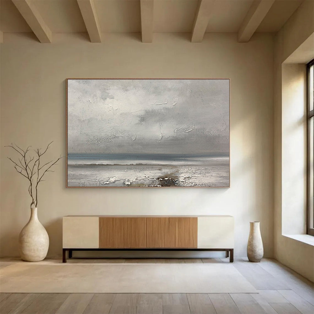 Grey Coastal Landscape Abstract Painting with Textured Layers THY267