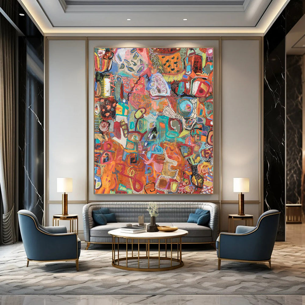 Colorful Collage - style Abstract Painting with Orange Base ADGE291