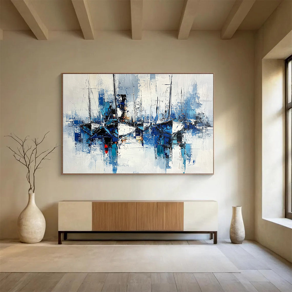 Abstract Boats Blue and White Impressionistic Painting with Textured Brushstrokes DYP191