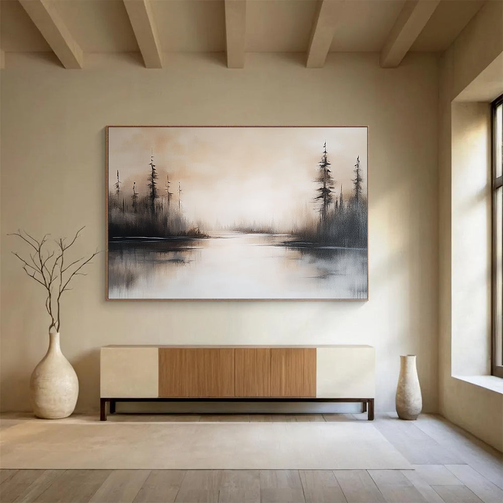 Abstract painting featuring a serene lake landscape in neutral tones with soft brush strokes and misty water reflections capturing a peaceful setting.SC052