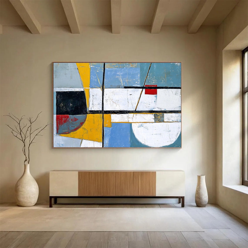 An abstract painting featuring white, blue, and grey shapes enhanced with yellow and red accents in the style of Paul Cézanne.SC391