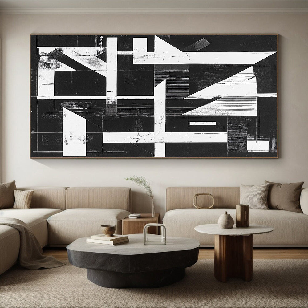 Black and White Geometric Abstract Painting with Architectural Forms GER145