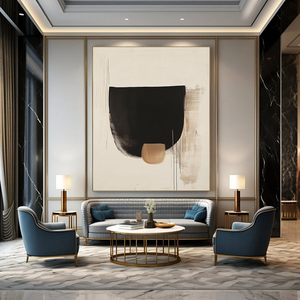 Large abstract black shapes on white background with a small brown detail inspired by Euan Uglow and Tadao Ando's minimalist style.STSC1069