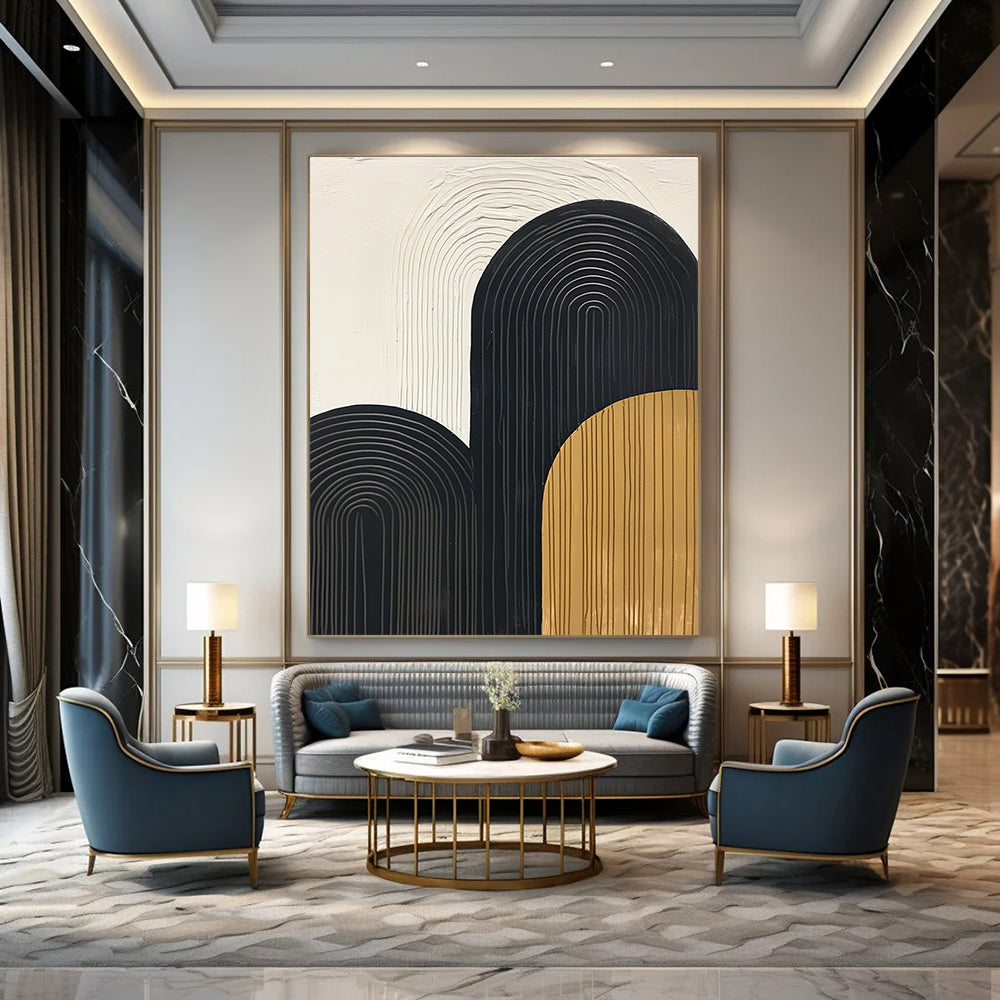Large abstract painting with thick black lines simple shapes and textured mustard yellow accents on a white background. Modern vintage style artwork.STSC570