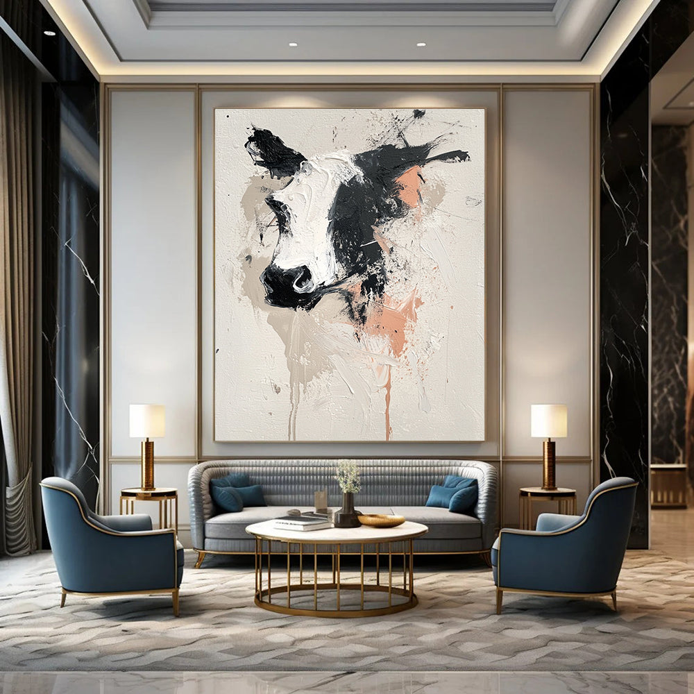 Large abstract painting featuring an animal design on white background with gray black pink and beige hues and expressive thick brush strokes.STSC048