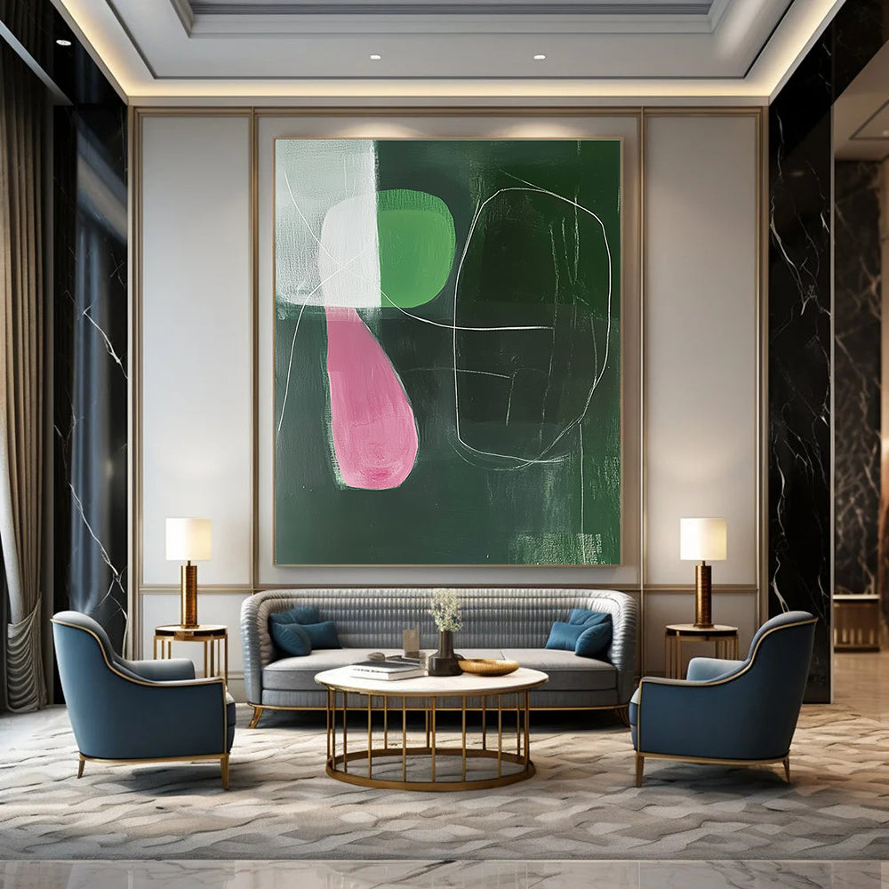 Large abstract painting featuring emerald and pink shapes with soft lighting and white lines in a minimalist Matisse-inspired style.STSC1298