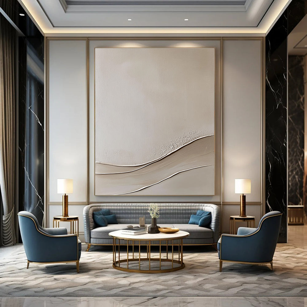 Abstract painting featuring a beige wall with smooth curved lines on a textured canvas in a neutral color palette and fine art style.STSC867