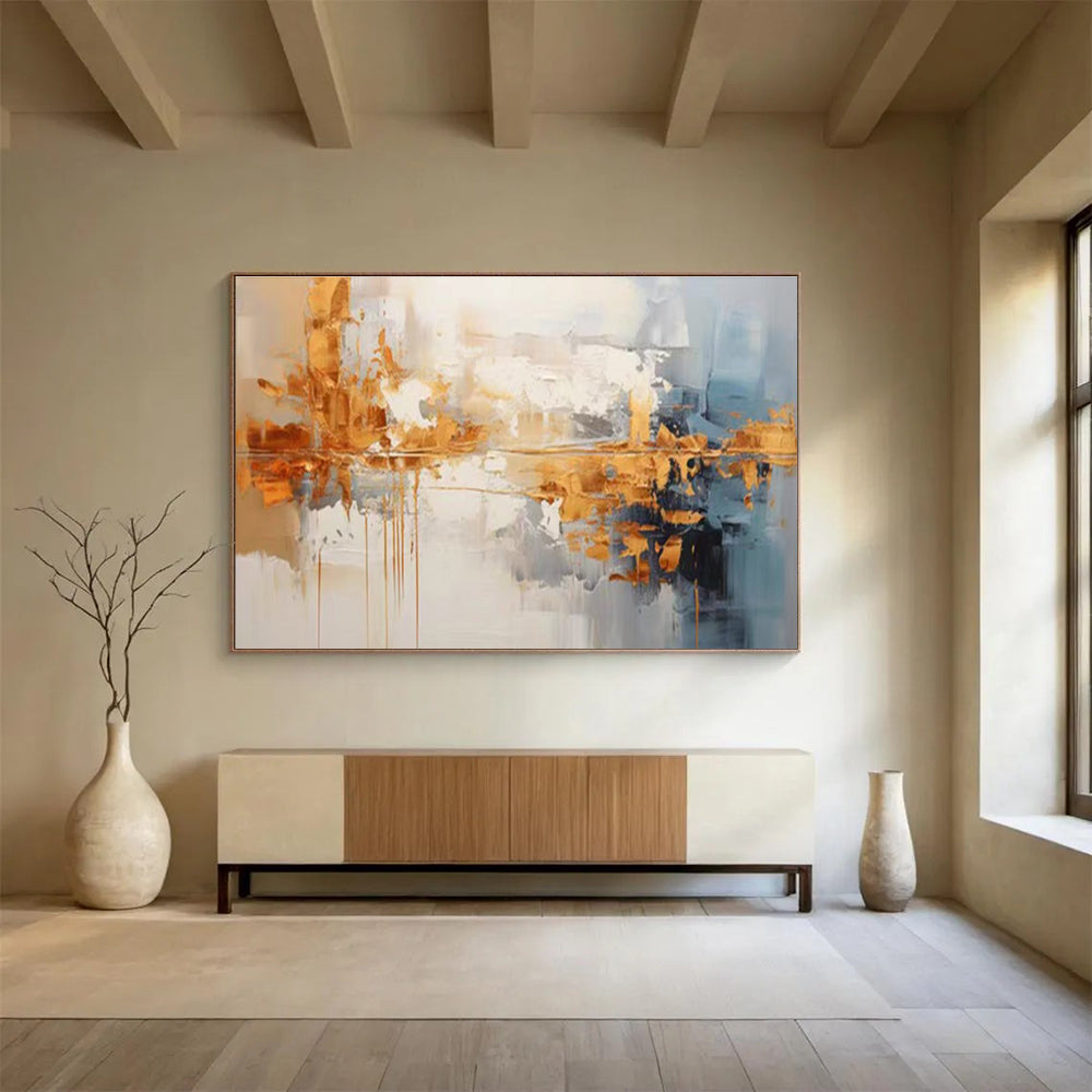 Gold and Blue Abstract Painting with Metallic Gold and Cool Blue Tones THY183