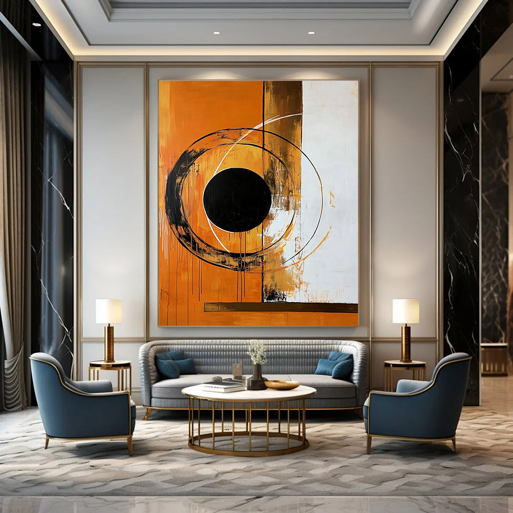 Large abstract painting featuring bold circular shapes and a black circle on an orange background with a brown border.STSC1354