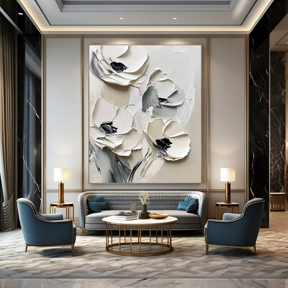 Large abstract painting featuring white flowers on a white background with black brush strokes and thick impasto paint in muted tones.STSC512