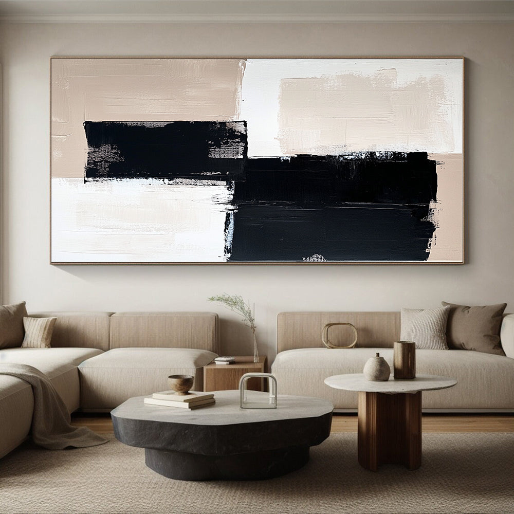 Black Beige and White Abstract Painting with Dynamic Brushstrokes GER503