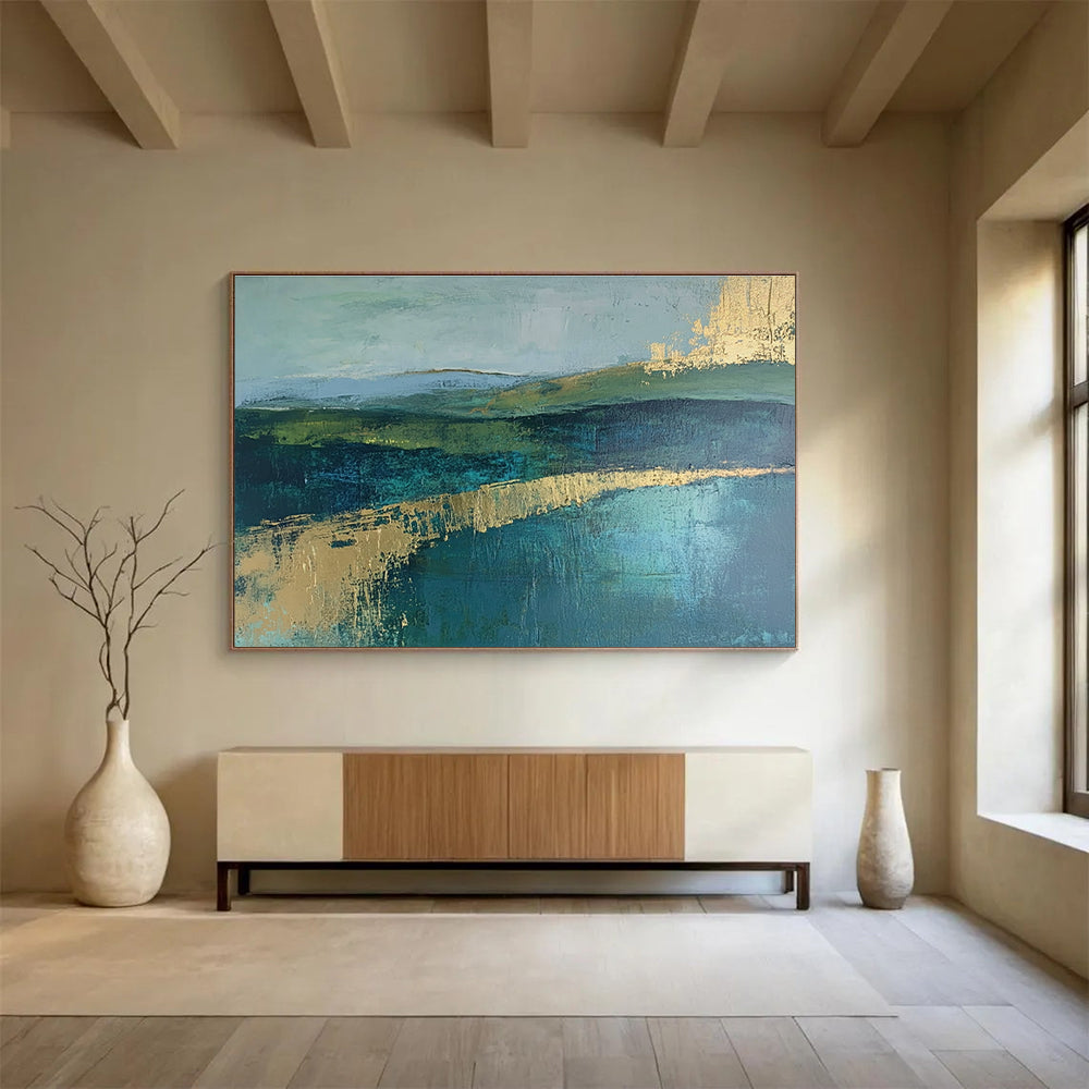 Green and Blue Abstract Landscape Painting with Gold Strokes DYP473
